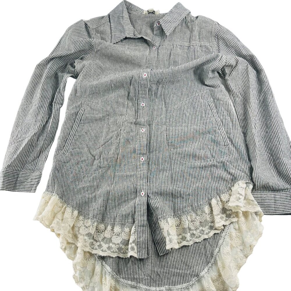 Umgee Button Top Size Small Striped Roll Tab Lace Trim Long Sleeve‎